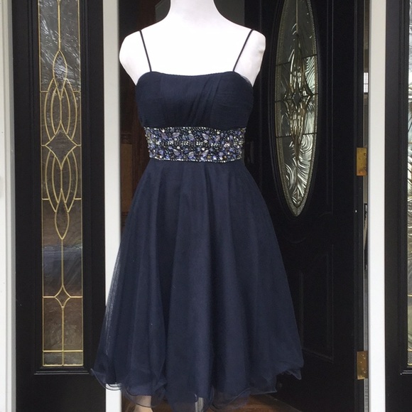 Xscape Dresses & Skirts - Navy short formal dress with stone details